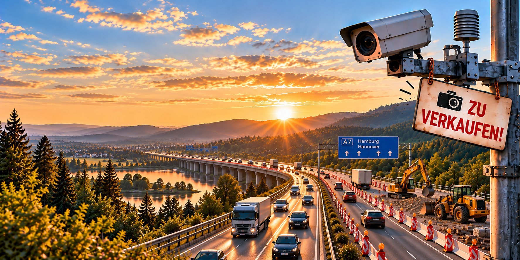 Autobahn bei Sonnenuntergang mit Webcam und Schild: Zu verkaufen!